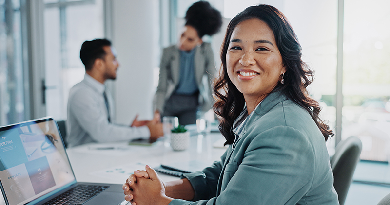 Happy woman, portrait and laptop with team